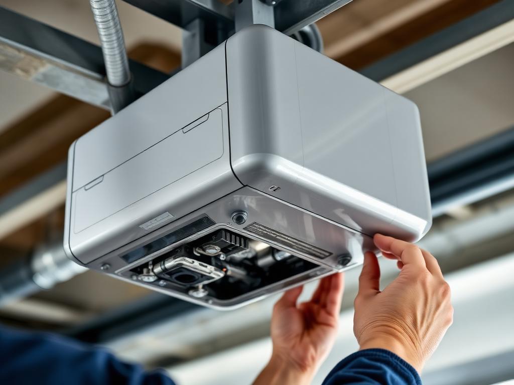 Technician troubleshooting garage door opener motor unit