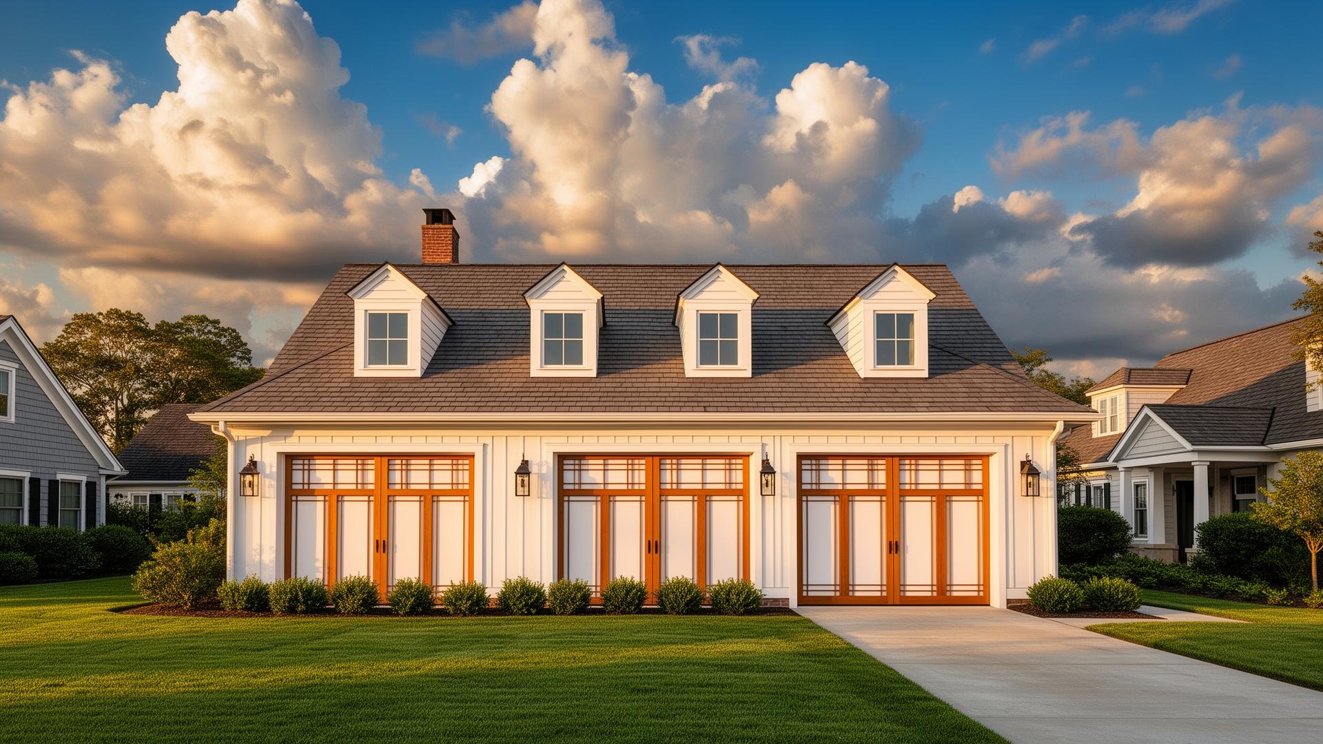 Luxury Cape Cod home with Asian-inspired shoji screen garage doors at golden hour